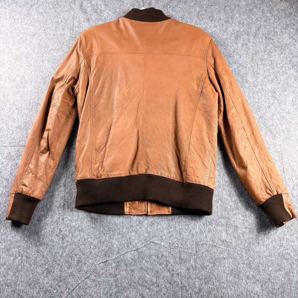 Mario Hernandez Leather Bomber Jacket Tan Brown Mens SZ 40 Zip Front Ribbed Trim - Picture 10 of 16